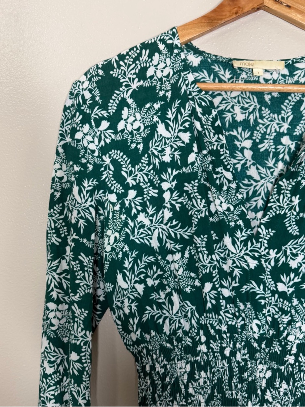 Maje Green Rayelle Shirred Floral Crepe Midi Dress - Picture 11 of 12